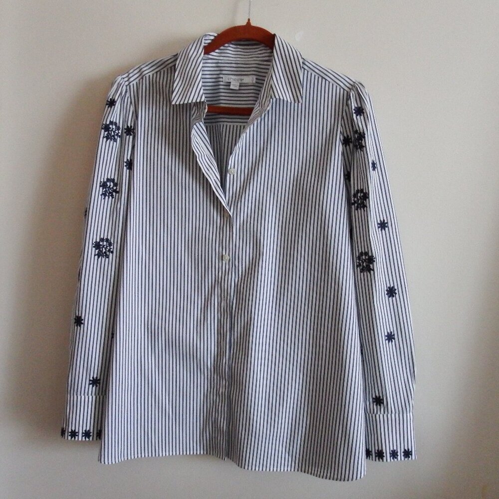 Chico's Blue/White Striped Floral Embroidered Blouse 2 (US 12)
